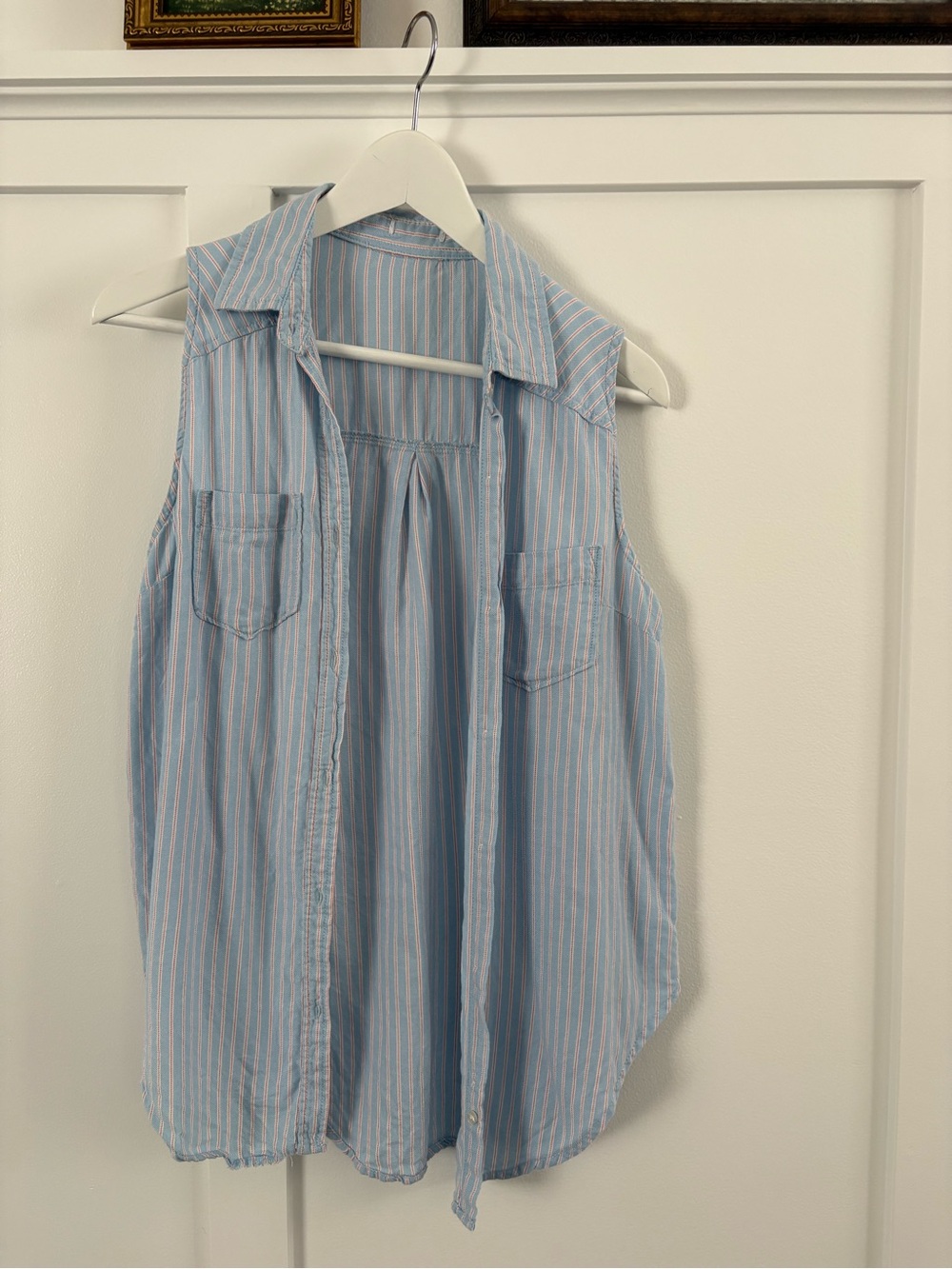 Sleeveless Blue & White Stripe Button-Front Girls' Shirt